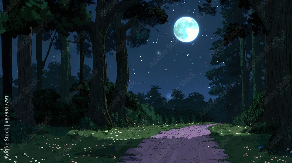 Sticker   A nocturnal landscape painting showcases a moonlit road amidst a dense forest, featuring twinkling stars above