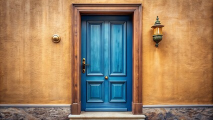 A serene isolated blue door with brass knocker and rich wood grain paneling set in a warm beige stucco walls surround.