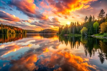 Calm Lake Reflecting Fiery Sunset Colors and Dramatic Sky
