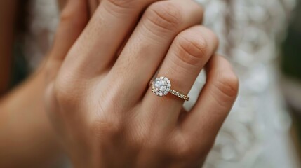Close-up shot of a woman's hand wearing a ring, showcasing elegant jewelry on a well-manicured finger against a soft, blurred background.






