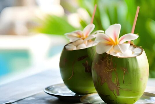 ropical holiday ambience while savoring coconut drinks by the pool adorned with flowers
