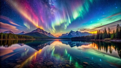 Vibrant curtains of iridescent light dance across star-dotted sky above tranquil mountain lake's glassy surface, mirror-reflected beauty.