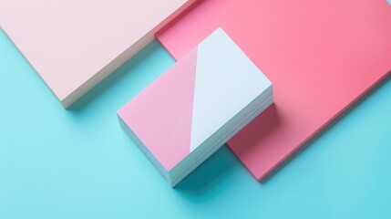 Creative minimal corporate identity with colored blank business cards on pastel blue pink background