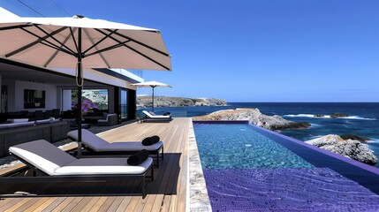 Obraz premium Swimming pool, wooden deck, chaise lounges, umbrella