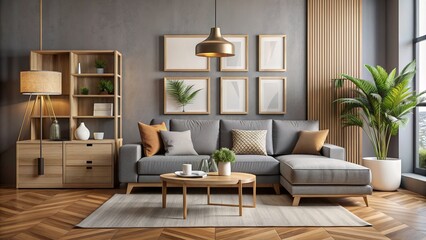Elegant modern living room showcases stylish decor with minimalist poster frame, grey sofa, wooden cubes, and tasteful accessories.