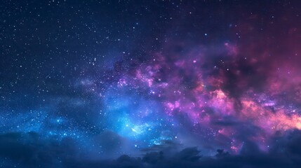 Obraz premium Enchanting Fantasy Starry Night Sky: Vibrant Blue and Purple Galaxy with Aurora - 4K Wallpaper