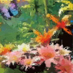 Oil painting and various flowers, lotus leaves, chrysanthemums, insects, butterflies, rabbits,...