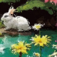 Oil painting and various flowers, lotus leaves, chrysanthemums, insects, butterflies, rabbits,...