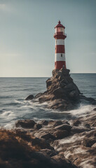 A lighthouse on a rocky shore with water in the background on a sunny day