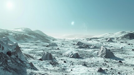 A Sunlit, Icy Landscape With Distant Mountains on an Extraterrestrial World