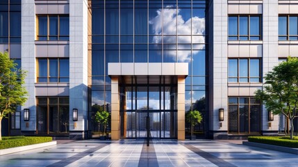 Obraz premium Financial Center Plaza and architecture. home and business center with large glass windows. entrance group to the building