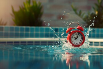 Table clock sinking into blue water tank - concept of time management with copy space. time for swimming. pool clock