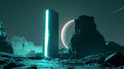 Glowing Monolith on an Alien Planet With a Crescent Moon