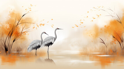 Fototapeta premium An elegant, minimalistic illustration of an autumn landscape with two cranes, silhouetted trees with falling leaves and reflective water for a calm and harmonious design