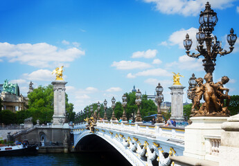 side view of Bridge of Alexandre III over river Seine at summer day, France, retro toned