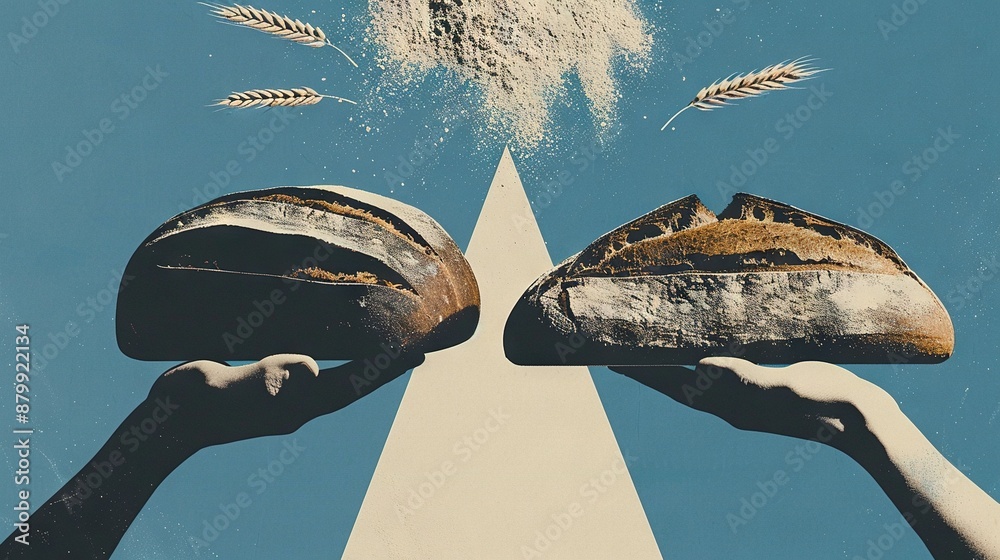 Sticker two hands holding loaves of bread in front of an image of grains sprinkled on top of them