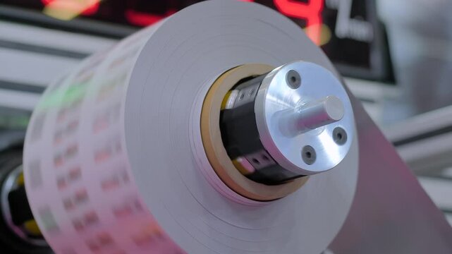Close up: rotating printed label, trademark roll of label printing machine at exhibition, factory. Product labeling, branding and trademark concept