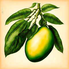 A branch of a mango tree with leaves and fruit in the style of an ancient botanical illustration.