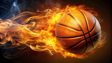 Fototapeta premium Fiery orange and yellow flames engulfing a basketball, spinning dynamically, set against a crisp white isolated background with dark shadows.