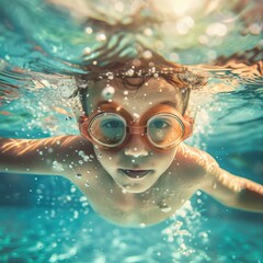 Naklejka premium Swimmer Kid. Little Boy Swimming Underwater in Pool on Summer Holiday