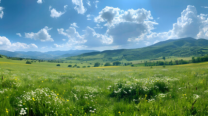 Fototapeta premium view of Romania's stunning landscape. bright afternoon. Beautiful mountain scenery in the spring. undulating hills and a meadow. rural landscape