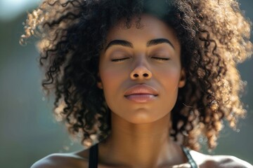 Fototapeta premium Deep Breathing. Young African American Woman Enjoying Peaceful Meditation and Fresh Air After Yoga Workout