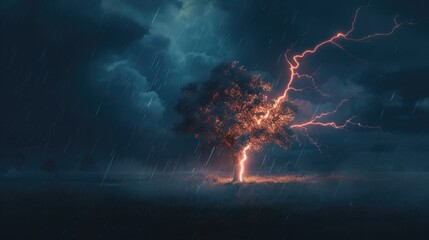Lightning Tree. A Powerful Bolt Strikes a Tall Tree in a Dramatic Stormy Sky