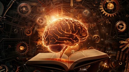 A collage of a brain connected to mechanical gears, with a book at the forefront emitting a bright light