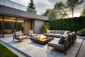 A large patio with a fire pit and a couch. The patio is surrounded by a hedge and has a view of the trees