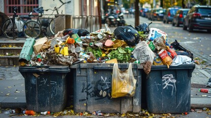 Full Garbage Dumpster on the Street, Collecting Bags in Big Area