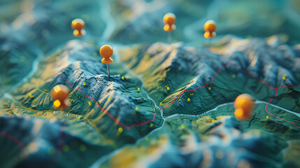 Pins that resembled mountains were used to mark locations on a geographic map