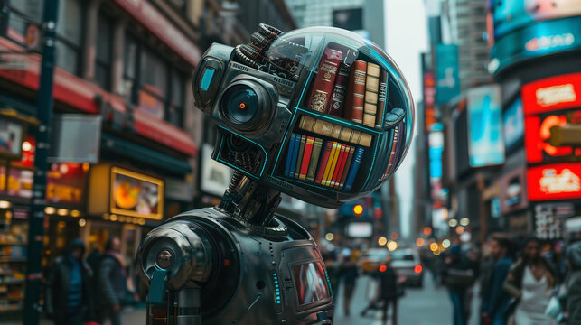 A pensive humanoid robot with a head filled with books on the street of a noisy city