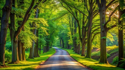 Obraz premium Serenely winding asphalt path slicing through vibrant emerald foliage, surrounded by towering trees, in a stunningly picturesque landscape.