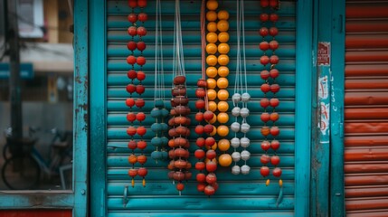 Naklejka premium Indian jewelry hangs outside a shop, showcasing the vibrant colors and intricate designs