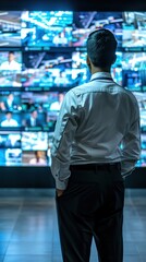 Fototapeta premium Man monitoring security footage, ensuring safety and surveillance in a control room.