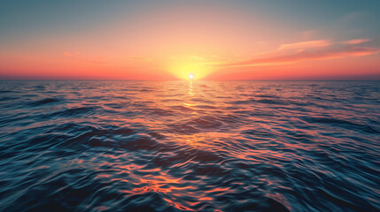 Serene ocean waves under a breathtaking pink and orange sunset sky. Seascape with fluffy clouds reflecting the bright colors of the setting sun. Web Wallpaper