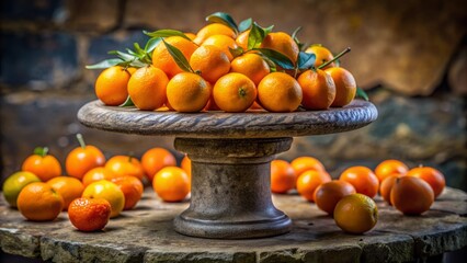 Vibrant orange fruits arranged artfully in a circular pattern on a rustic, weathered stone pedestal against a blurred background.
