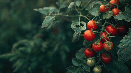 Selective focus on red ripe tomatoes growing on a branch with copy space. Harvest concept