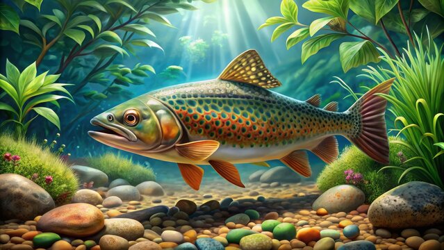 Vibrant, intricately scaled trout fish illustration with subtle water textures, surrounded by lush green aquatic plants and natural river rocks.