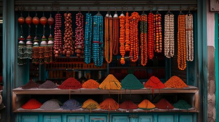 Naklejka premium Colorful beaded necklaces and strings of beads hang in a shop