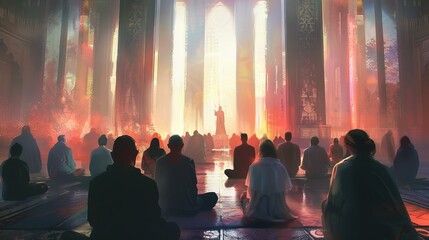 A group of people are sitting in a room with a large statue of a man in the center. The room is filled with light and the people are meditating