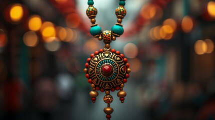 A close-up of a colorful Indian necklace with a large pendant