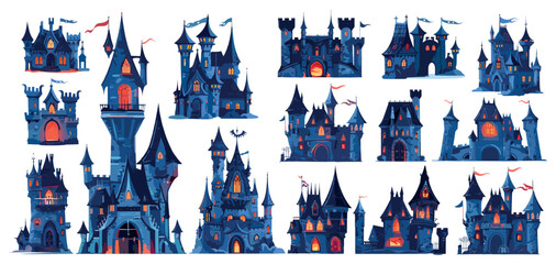 Scary gothic castles. Night medieval castle horror tower, mystery creepy old house evil vampire or haunted ghost home halloween party set vector illustration