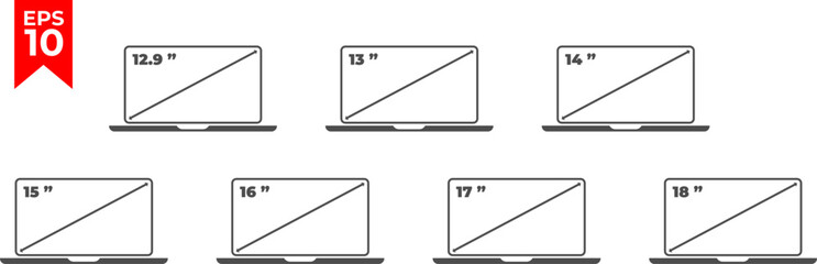 Laptop diagonal screen size icon set. 12.9, 13, 14, 15, 16, 17, 18 inch display size. Vector illustration.