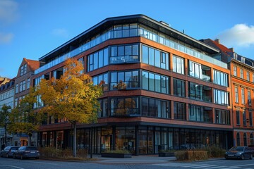 Obraz premium A stylish office building features large glass windows, retro brick accents, and a modern design complimented by fallcolored trees under a clear blue sky, blending nature with urban aesthetics