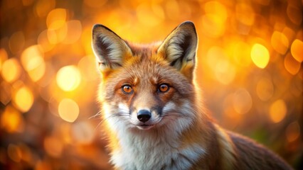 Fototapeta premium Vibrant orange fox with sharp eyes gazes directly, standing out against soft, bokeh autumn background with warm, rusty hues.