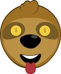 vector illustration face bear sloth character animal cartoon, with an ambitious expression, coins in his eyes and his tongue sticking out