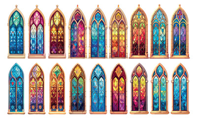 Stained glass windows. Cartoon window mosaic ornament art in christian temple, catholic religion arch frames gothic church interior stained-glass set vector illustration