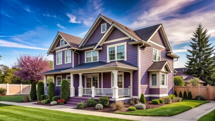 Elegant eggplant purple house with siding sits on a large lot in a quiet neighborhood under clear blue sky.