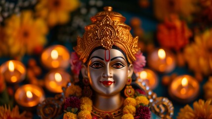 Close-up of golden Goddess Durga statue with flowers, lit by lamps